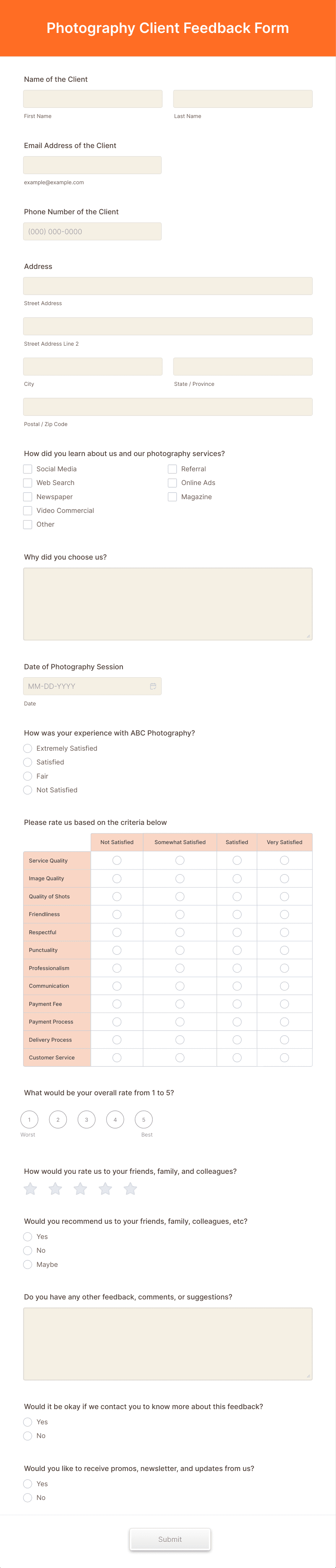 JotForm Photography Feedback Form