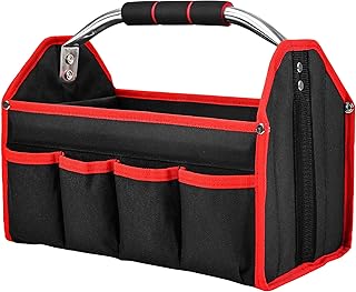 HAUTMEC 13 Inch Tool Bag, Foldable Open Top Tool Tote with Stiff Frame, 8 Pockets, Water-Resistant Molded Base & Padded Handle, Portable Electrician Tool Organizer for DIY & Jobsite Use &ndash; TB0001