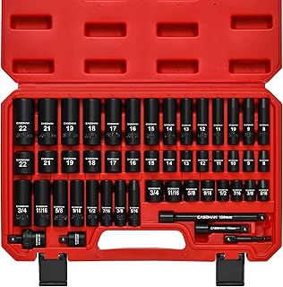 CASOMAN 3/8" Drive Impact Socket Set, 49 Piece Standard SAE and Metric Sizes (5/16-Inch to 3/4-Inch and 8-22 mm), 6 Point, Cr-V Steel Socket Set