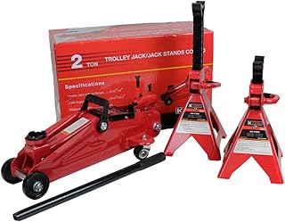 K Tool International 63097A 2 Ton Automotive Trolley Floor Jack with Jack Stands for Garages, Repair Shops, and DIY, 4,000 lbs. Capacity, Hydraulic Lifting Range 5-1/8" to 13", Heavy Duty Steel, Red