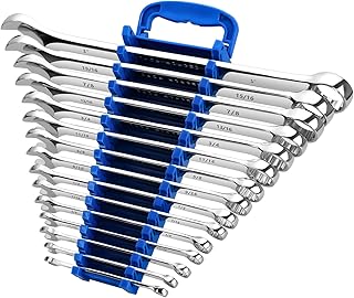Max Torque 15-Piece Premium Combination Wrench Set, Complete SAE Inch Sizes from 1/4&rdquo; to 1&rdquo; with Rack Organizer | Cr-V Steel, Mirror Chrome Finish, Long Pattern, V-Groove Open End and 12-Point Box End