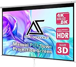 Akia Screens 110 inch Pull Down Projector Screen Manual B 16:9 8K 4K HD 3D Ceiling Wall Mount White Portable Projection Screen Retractable Auto Locking for Indoor Movie Home Theater Office AK-M110H1
