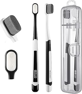 Ultra Extra Soft Toothbrush for Sensitive Gums, New Japanese 20,000 Micro Fine Nano Bristles Brush for Adults, Pregnant and Elderly, Portable Case for Travel, Black and White Color Pack of 2