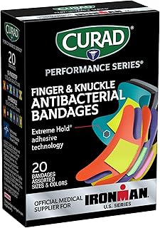 CURAD Performance Series IRONMAN Antibacterial Bandages, Extreme Hold Adhesive Technology, Finger & Knuckle Bandages, Flexible Fabric, Variety Pack with Assorted Sizes & Colors, 20 Count
