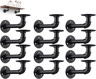 Industrial DIY Pipe Shelf Brackets,Vintage Black Iron Wall Mount Pipe Shelving Bracket, Rustic Home Pipe Shelf, 12 Pack