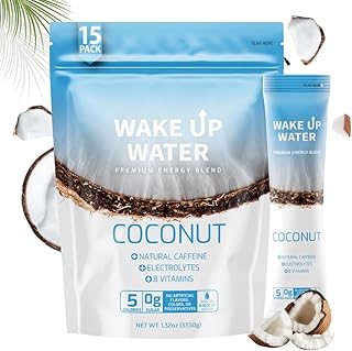 Wake Up Water - Energy + Hydration Sugar Free 15 Pack, Coconut Flavor - Energy Drink Powder, Electrolytes Powder Drink, Natural Caffeine Mix Packet, B Vitamins, 5 Calories, Gluten Free - .10 oz (2.9g)
