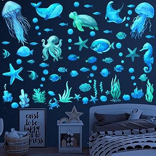 Ocean Fish Wall Decals,Glow in The Dark Sea Wall Decals Sea Life Animals Wall Stickers Removable Waterproof Peel and Stick for Boys Kids Bathroom Watercolor Ocean Creatures Decor Blue Style
