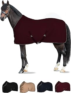 HORZE Kiel Fleece Horse Cooler Blanket | Quick-Dry Fleece Horse Cooler Sheet with X-Surcingles & Tail Cord - Dark Red - 81 in