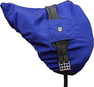 Harrison Howard Premium Waterproof/Breathable Fleece-Lined Ride-on English Saddle Cover with Slot for Girth-Blue