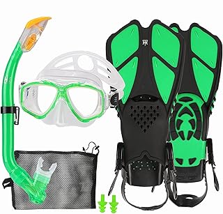 Kids Mask Fins Snorkel Set Snorkeling Packages, with Diving Mask, Snorkel, Adjustable Swim Fins, Mesh Bag, Anti-Fog Anti-Leak Snorkeling Gear for Kids for Snorkeling Swimming Diving