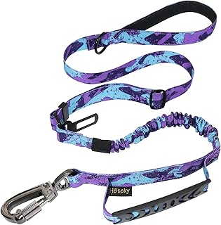 Hotsky Tactical Dog Leash Heavy Duty for Medium Large Dogs That Pull,4-6Ft Strong Bungee Shock Absorbing No Pull Dog Leash with Padded Double Handle and Car Seatbelt,Purple Camo