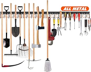 68'' All Metal Garden Tool Organizer Wall Mount Garage Tool Organizers and Storage Broom Holder Wall Mount with Hooks Tool Hangers for Shed