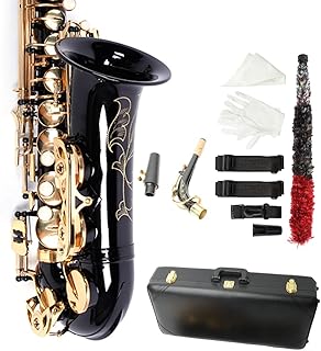 Ktaxon Alto Saxophone Drop E Brass Sax Full Kit for Student Beginners with Carving, Mouthpiece, Carrying Case, Gloves, Cleaning Cloth Bar, Detachable Strap, Shoulder Strap, Reed