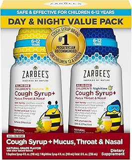 Zarbee's Children's All-in-One Honey Cough Syrup + Mucus, Throat & Nasal Day & Night Value Two Pack for Kids 6-12 + Dark Honey, Ivy Leaf Extract, Zinc Turmeric Root & B-Vitamins, Grape, 2 x 4 fl. Oz