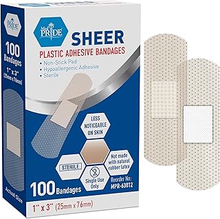 MED PRIDE Sheer Bandages Non Latex for Sensitive Skin, Sterile Plastic Strips with Nonstick Pad, Hypoallergenic Adhesive, 100 Pieces (1&rdquo; x 3&rdquo;)