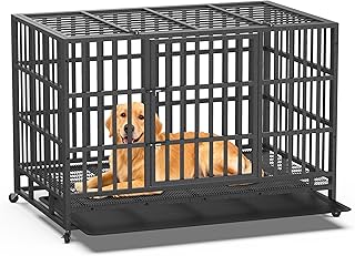 Heavy Duty Indestructible Dog Crate 48 Inch with Removable Tray, Sizes & Colors Optional, Escape Proof Double Door High Anxiety Cage Indoor, Kennel with Wheels for Large Dogs, XL XXL XXL