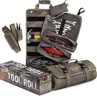 The Ryker PRO Official Roll Up Tool Bag Organizer Gifts for Dad. Motorcycle Tool Bag Organizer for Mechanic & Tools Storage Toolbag Tools Bags Mens gifts for him - w/4 Detachable Pouches & Wrench Roll
