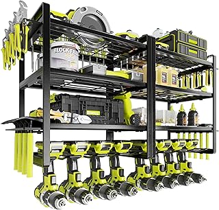 KAFAHOM Power Tool Organizer Wall Mount, 4-Tier Drill Holder for Cordless Tools, 2-Pack Set, Garage Storage Rack with Side Hooks for Hammers & Pliers, Tool Organizer for Workshop/Utility Room