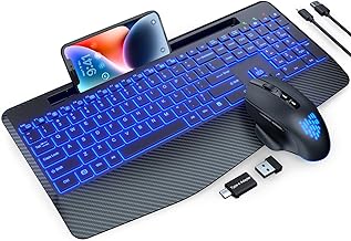 Wireless Keyboard and Mouse Backlits, Wrist Rest, LED Mouse, Rechargeable Ergonomic Keyboard with Phone Holder, Silent Light Up Combo for Computer, Mac, PC, Laptop, Chromebook (Black)