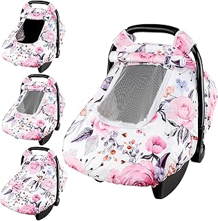 Floral Baby Carseat Cover Girls, Pea Pod Infant Car Seat Covers Canopy for Newborn with 2 Layers Windows of Breathable Mesh/Fabric, Lightweight Polyester/Minky Dot Backing, Snug Fit Most Baby Car Seat
