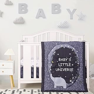 Crib Bedding Set for Boys Girls Soft Cute 3Piece Toddler Baby Bedding Crib Sets for Boys Space Elephant Black Grey | Crib Comforter, Fitted Sheet, Dust Ruffle