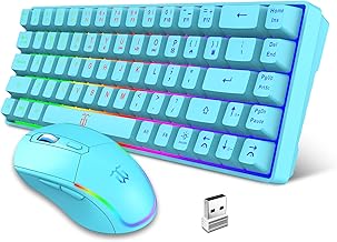 Snpurdiri 60% Wireless Gaming Keyboard and Mouse Combo,LED Backlit Rechargeable 2000mAh Battery,Small Membrane But Mechanical Feel Keyboard + Popular RGB Mice for Gaming,Business Office(Blue)