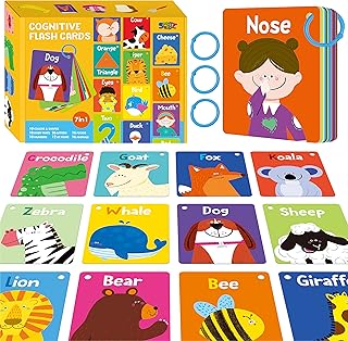 50 PCS Kid First Cognitive Flashcards,Double Sided Printed 7 in 1 Colorful Cards Alphabet,Numbers, Foods,Animals,Shapes,Colors with 3 Reclosable Rings,Learning Tool for Pre-K Kindergarten Toddlers