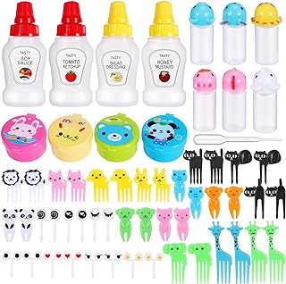 50 Pcs Kids Bento Box Accessories Including Food Picks Mini Condiment Bottles Ketchup Squeeze Bottles, Mini Soy Sauce Container with Funnel for Kids School Bento Camping Office Accessories (Animal)
