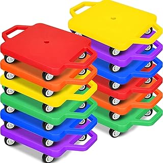 12 Pcs Sports Scooter Board with Handles for Kids Non-Marring Plastic Casters Floor Scooter Board Sitting Scooter Board Boy Girl Gym Indoor Outdoor Activities Play Equipment