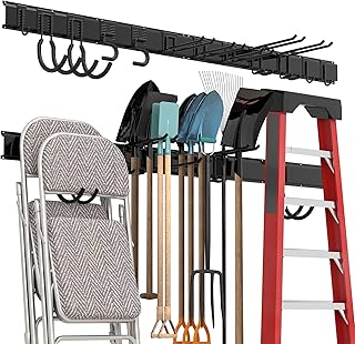 Garage Tool Storage Rack, Heavy Duty Garage Storage Organizer Rack System Wall Mounted Tool with 12 double hooks, 4 rails Garden Tool Rack