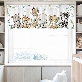 HawSkgFub Baby Boy Girl Safari Jungle Animals Unisex Nursery Curtain Valance 54 x 18, Giraffe Elephant Zebra Leopard Lion Short Window Topper, Eucalyptus Leaf Kid Toddler Bedroom Playroom Home Decor