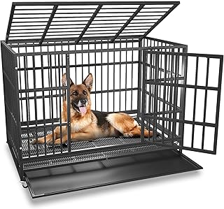 48/42/38 inch Heavy Duty Indestructible and Escape-Proof Dog Crate Cage Kennel for Large Dogs, High Anxiety Dog Crate with Removable Wire Trays and Wheels, Extra Large XL XXL