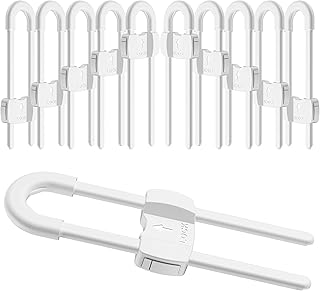 (10 pack white) 4 button Cabinet Locks, U-Shaped Proofing Drawers Safety Child Locks Adjustable, for Wardrobe,Kitchen,Bathroom,Drawer,Fridge,Cupboard Doors Knobs & Handles