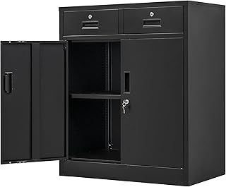 Metal Storage Cabinet, 36" H Locking Storage Cabinet with 2 Drawers and Adjustable Shelf, Metal Cabinets for Office, Garage, Home-Black