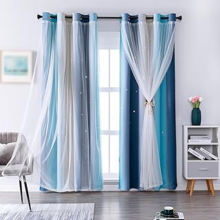 indistar Star Blackout Curtains for Girls Kids Bedroom, Colourful Stripe Window Curtain Panels, 2 Layer Lace Drapes, Room Darkening Curtain for Living Room Decor, 1 Panel?Blue W52 x L63 inch?