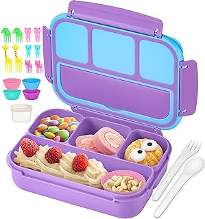 QQKO Bento Lunch Box for Kids Girls Boys, Toddler Kids Lunch Boxes for School, Lunch Containers for Adults with 4 Compartments, Sauce Container, Utensils, Food Picks and Muffin Cups, Purple