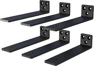 8 Inch Floating Shelf Brackets, Heavy Duty Hidden Bracket for Wall, Mantel, Bookshelves, Black Powder Coated Steel, 6-Pack