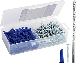 Concrete Anchors and Screws Kit, 201PCS Drywall Anchor Screws, 100PCS #10-12 Plastic Anchors and 100PCS Self Tapping Screw with 1PCS Drill Bit for Stucco Concrete Masonry Brick