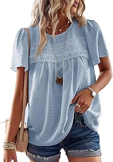Womens Summer Tops Crewneck Short Sleeve Shirts Casual Chiffon Blouses Flowy Lace Hem Boho Clothing Trendy 2025