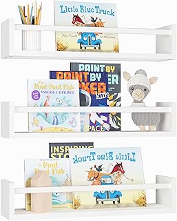 Fixwal Wood Nursery Book Shelves, 16.5 Inch Floating Bookshelves for Wall Set of 3, Baby Kids Decor, Solid Wood Wall Mounted Shelves for Books, Toys and Decor Storage (White)