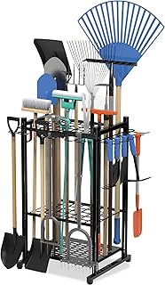 Garden Tool Organizer Rack Up to 50 Tools, Heavy-Duty Steel Yard Tool Organizer for Garage Storage with 11 Hooks, Broom Holder & Garden Tool Rack for Shed, Patio, Outdoor Use, Black
