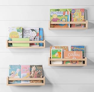 Nursery Room Shelves Set of 4, Wood Floating Book Shelves for Kids Room, Baby Book Shelf for Nursery, Kitchen Spice Rack (Natural Wood)