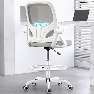 Tall Drafting Chair with Footrest Ring for Home and Work, Ergonomic Home Desk Office Chair with Flip up Arms and Lumbar Support, Extended Height Executive Desk Office Chair(Gray)