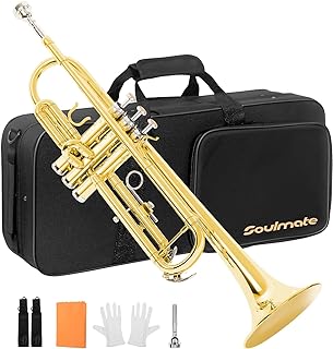 Soulmate Bb Standard Trumpet Set for Beginner, Brass Student Trumpet Instrument with Hard Case, Cleaning Kit, 7C Mouthpiece and Gloves (Gold)