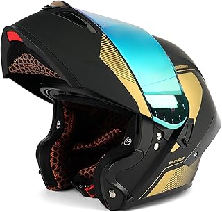 Orthrus Modular LED Full Face Motorcycle Helmet - DOT Approved Flip-Up Dual Visor Sun Shield & Bluetooth Ready for Adults Men Women - Street Bike/Motocross (Dobermann Gold, XL)