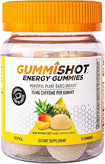 GummiShot Energy Gummies, 1125 mg of Plant-Based Caffeine Chews per Bottle, Long Lasting Energy Boosters, Tropical (15ct)