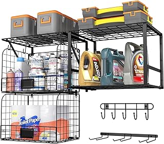 Garage Shelf Wall Mounted with Wire baskets, Heavy Duty Garage Wall Shelving with Garden Tool Rack and Hooks, Wire Shelf Baskets Tool Organizer for Home Garden Yard Organization and Storage