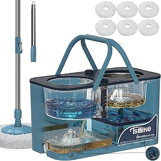 Gen 1 Large-Capacity Spin Mop and Bucket &ndash; for Big Homes & Deep Cleaning Days,4-Chamber System Separates Dirty & Clean Water, 2-GAL Heavy-Duty Design with Wheels & 6 Refill Mop Heads - Blue/Grey