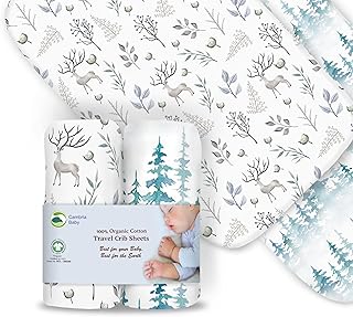 100% Organic Cotton Fitted Travel Crib/Playard Sheets for Guava Lotus, BabyBjorn, Dream on Me, Baby Joy and All Other 24" x 42" Pads/mattresses. Safety Strap Holes in Each Corner. 2 Pk, Deer & Forest