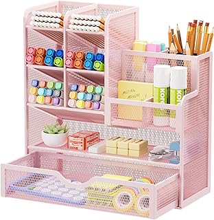 Marbrasse Mesh Desk Organizer with Drawer, Multi-Functional Pencil Organizer, 12 Compartments, Pink, Modern, Minimalist